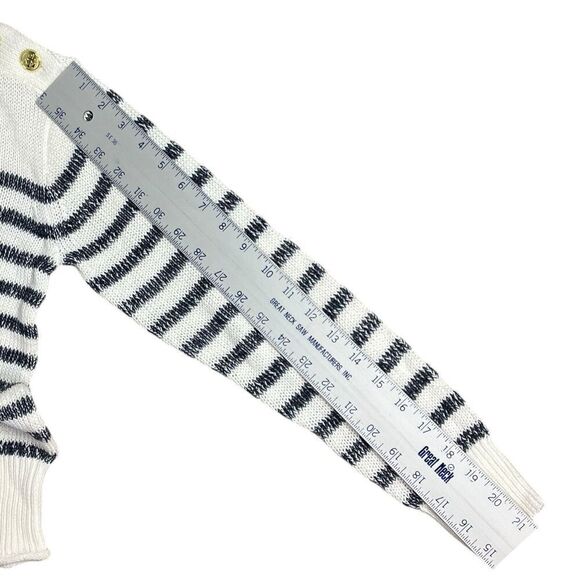 J Crew Sweater WMNS XS White Linen Blend Relaxed Beach Striped Gold Buttons - Picture 11 of 13